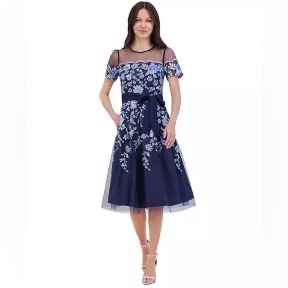 NWT Eliza J | Navy Blue Floral Illusion Neck Embroidered Cocktail Dress 4P - Picture 1 of 13